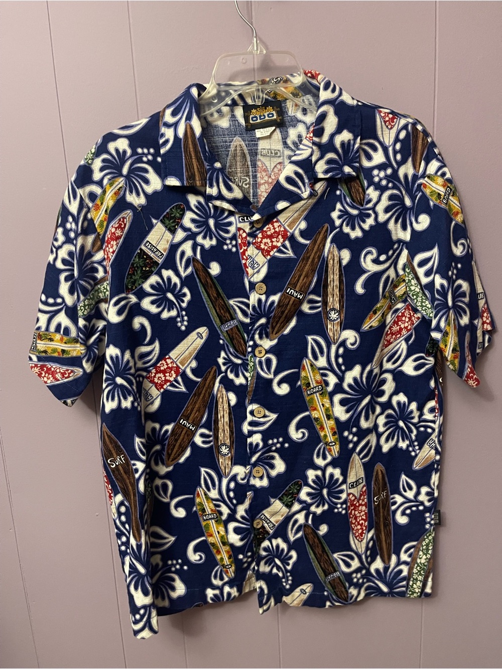 Vintage ODO Classic Navy Surfboard Print Men's Camp Shirt 100%cotton